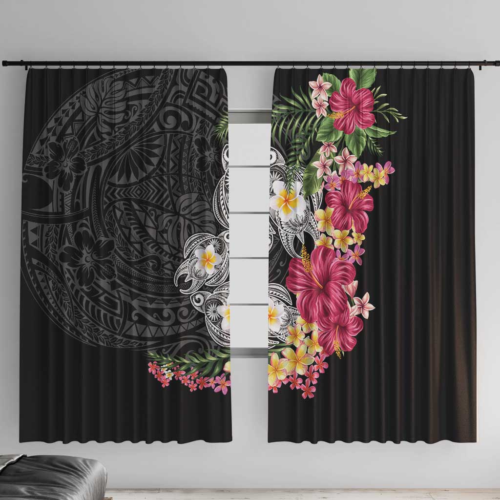 Hawaiian Tropical Flowers and Tribal Turtles Window Curtain Polynesian Art Motifs Black Color - Polynesian Pride