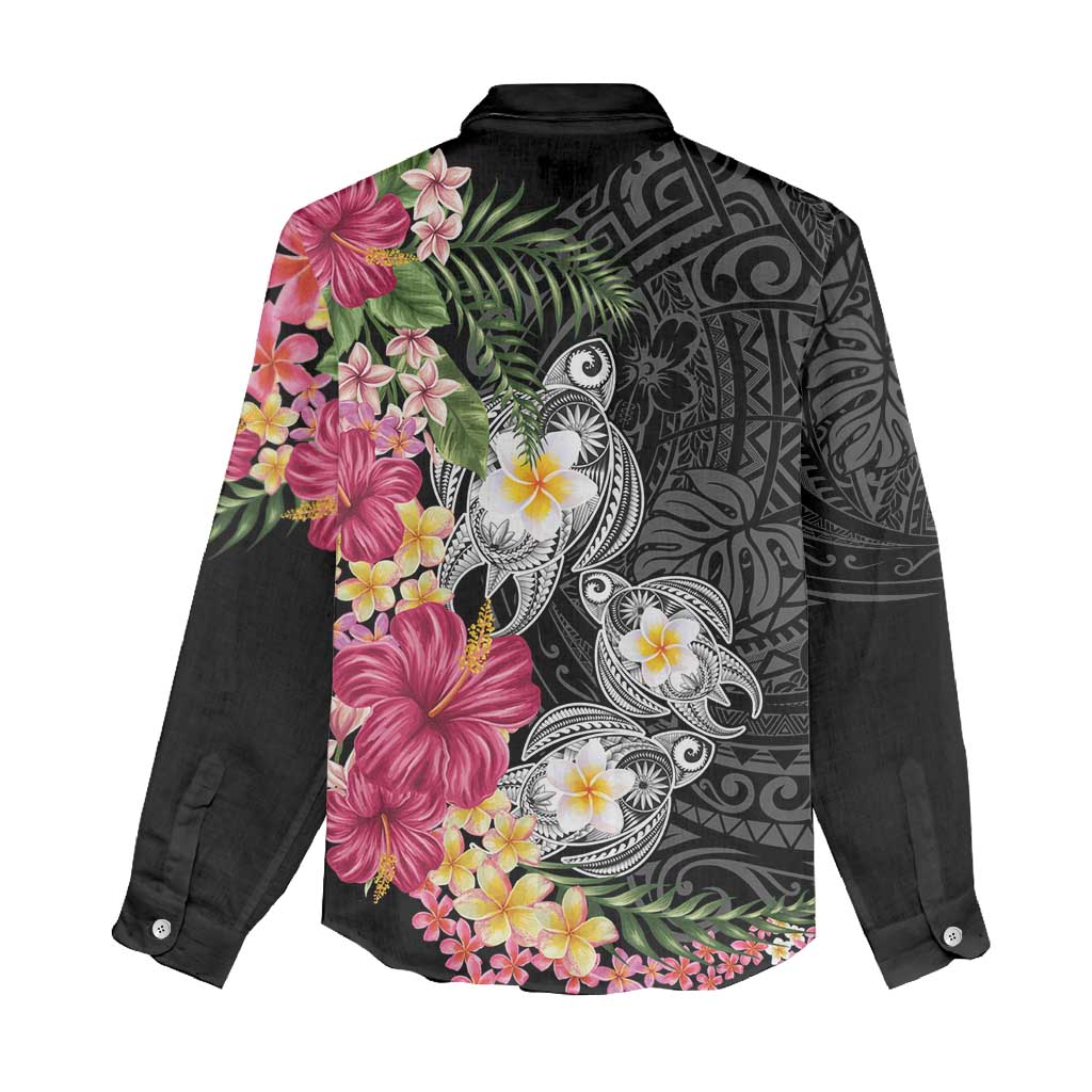 Hawaiian Tropical Flowers and Tribal Turtles Women Casual Shirt Polynesian Art Motifs Black Color - Polynesian Pride