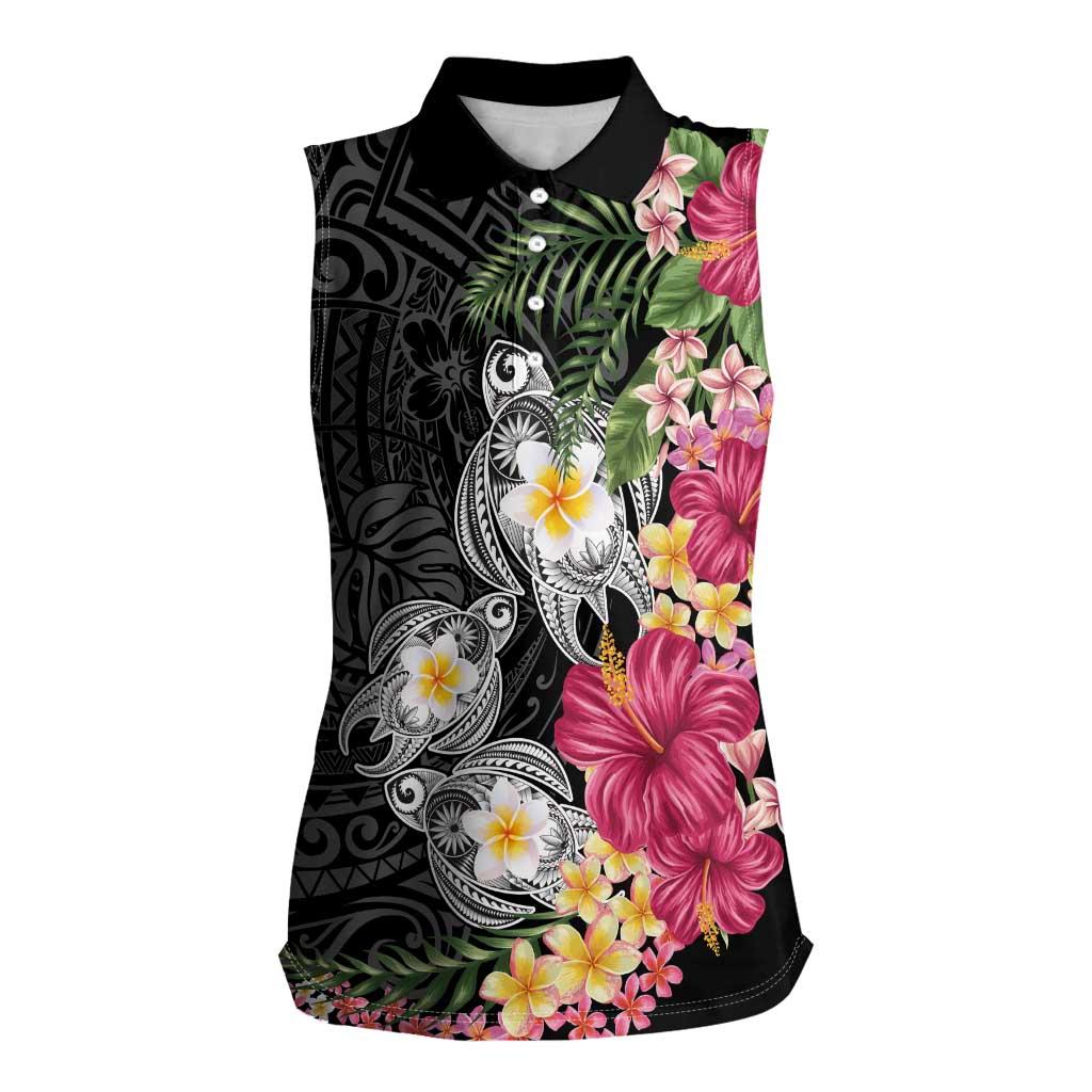 Hawaiian Tropical Flowers and Tribal Turtles Women Sleeveless Polo Shirt Polynesian Art Motifs Black Color - Polynesian Pride