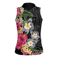 Hawaiian Tropical Flowers and Tribal Turtles Women Sleeveless Polo Shirt Polynesian Art Motifs Black Color - Polynesian Pride
