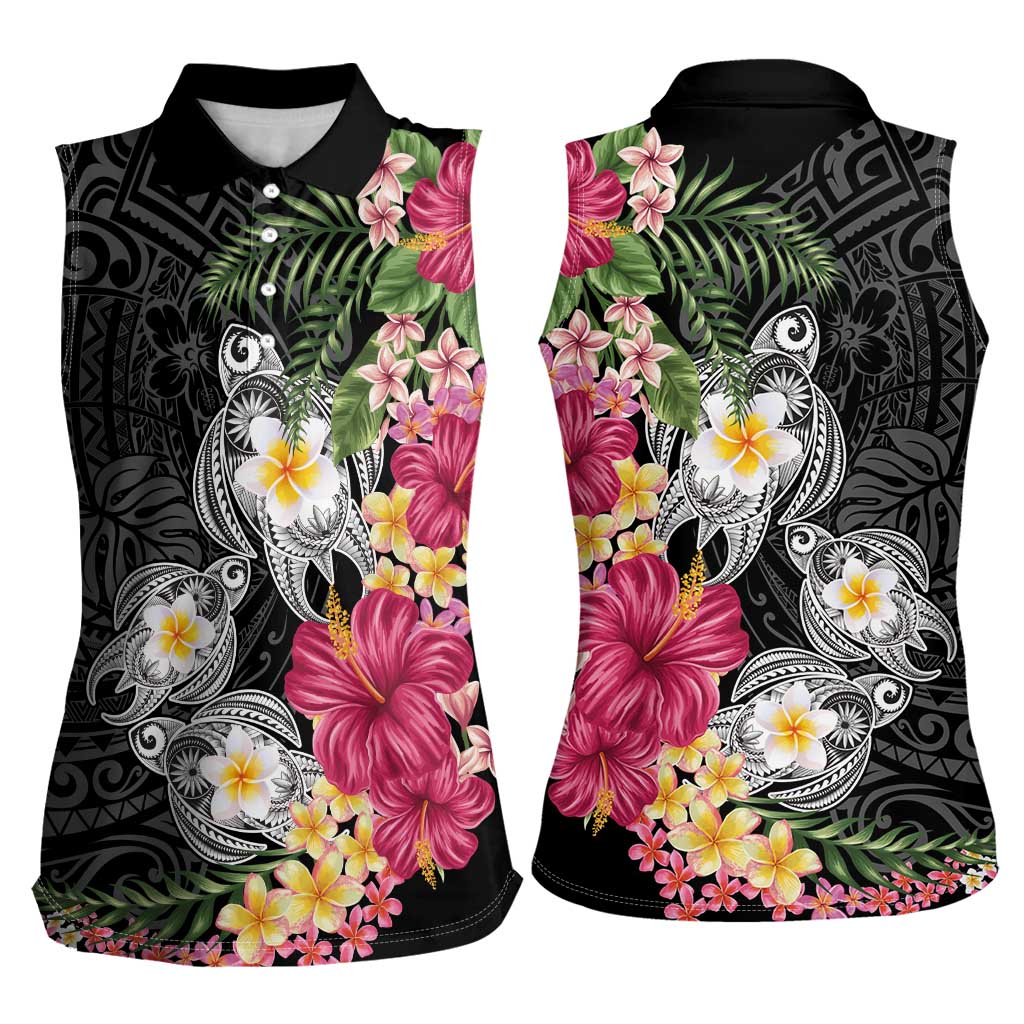 Hawaiian Tropical Flowers and Tribal Turtles Women Sleeveless Polo Shirt Polynesian Art Motifs Black Color - Polynesian Pride