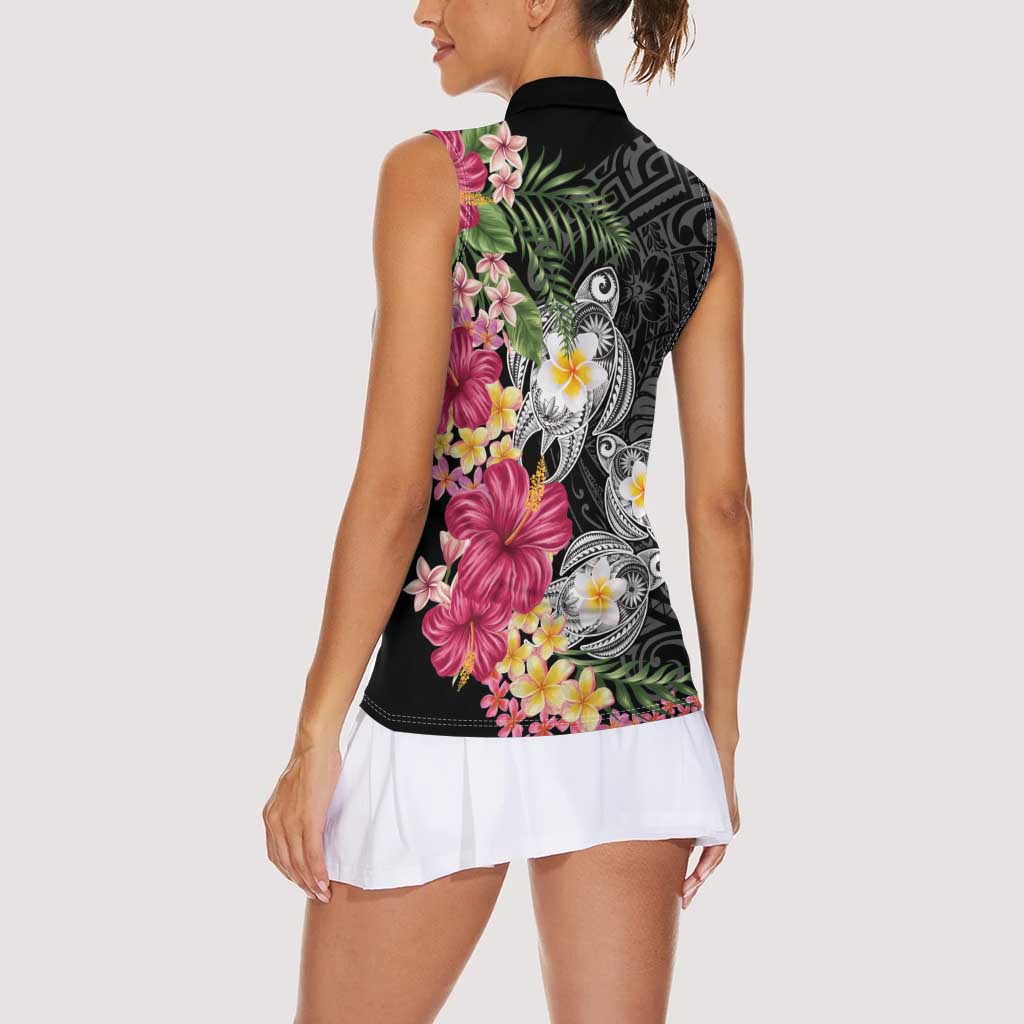 Hawaiian Tropical Flowers and Tribal Turtles Women Sleeveless Polo Shirt Polynesian Art Motifs Black Color - Polynesian Pride
