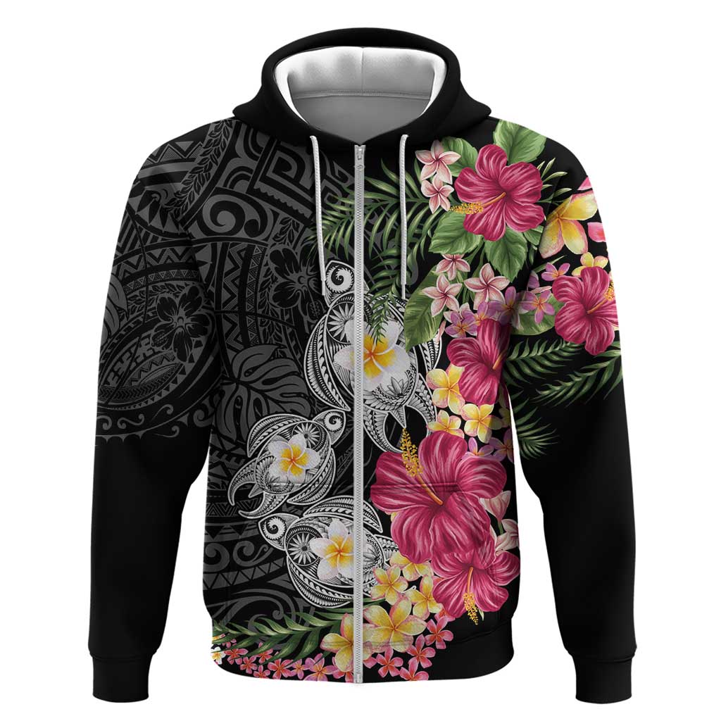 Hawaiian Tropical Flowers and Tribal Turtles Zip Hoodie Polynesian Art Motifs Black Color - Polynesian Pride