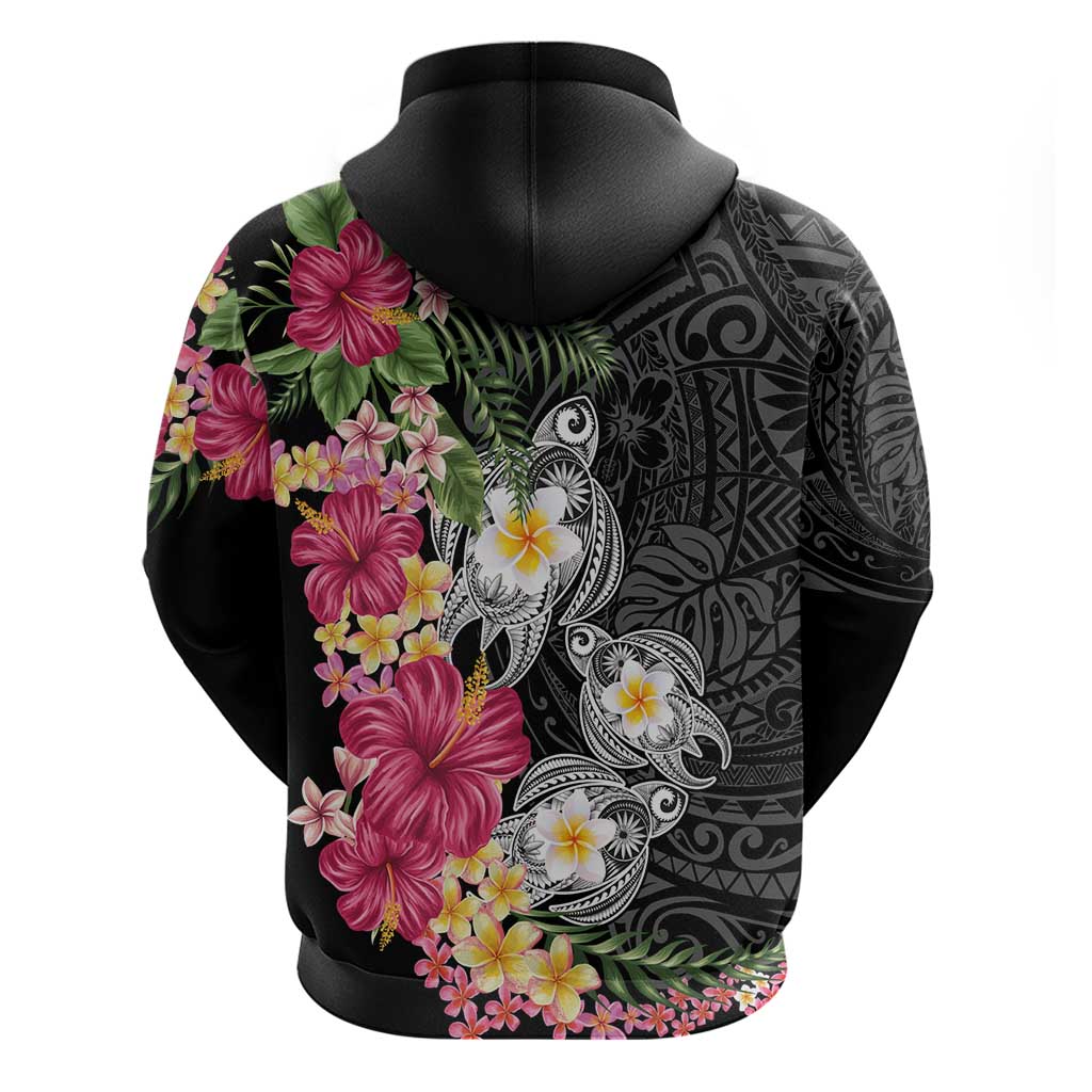 Hawaiian Tropical Flowers and Tribal Turtles Zip Hoodie Polynesian Art Motifs Black Color - Polynesian Pride