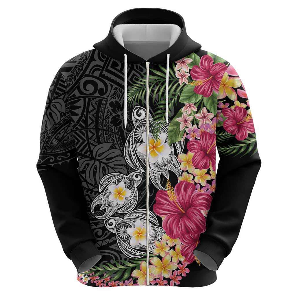 Hawaiian Tropical Flowers and Tribal Turtles Zip Hoodie Polynesian Art Motifs Black Color - Polynesian Pride