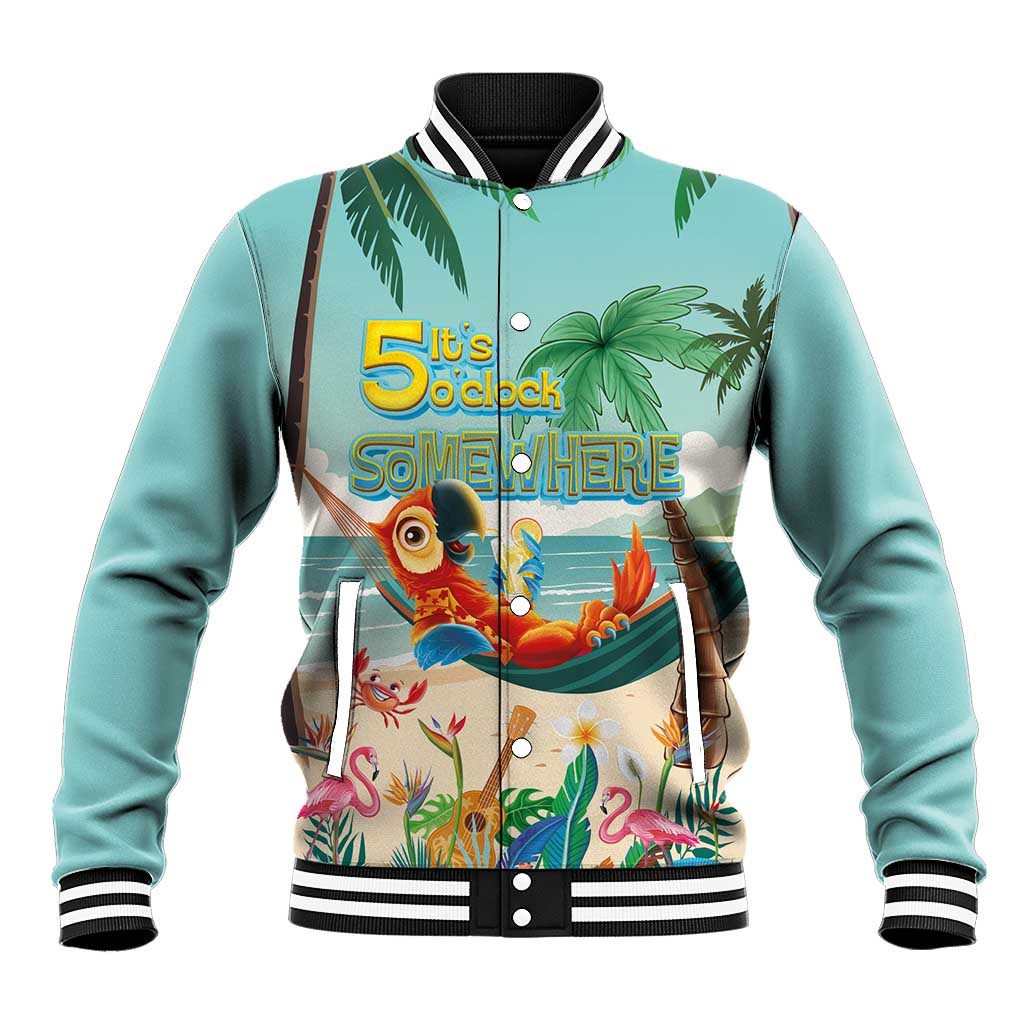 Aloha Hawaii It's 5 o'clock Somewhere Baseball Jacket Chill Parrot on Beach with Tropical Plants - Polynesian Pride