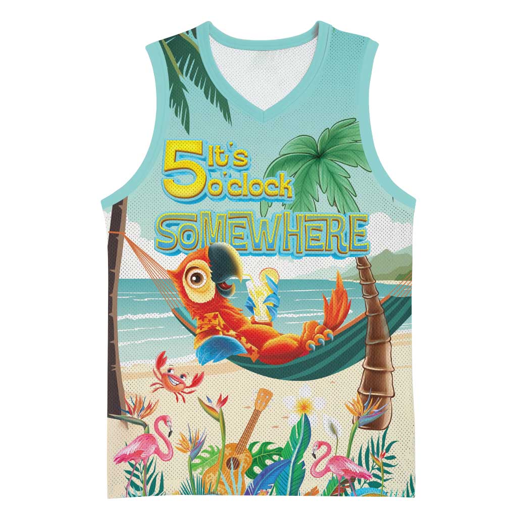 Aloha Hawaii It's 5 o'clock Somewhere Basketball Jersey Chill Parrot on Beach with Tropical Plants - Polynesian Pride