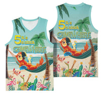 Aloha Hawaii It's 5 o'clock Somewhere Basketball Jersey Chill Parrot on Beach with Tropical Plants - Polynesian Pride