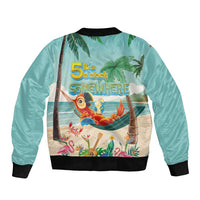 Aloha Hawaii It's 5 o'clock Somewhere Bomber Jacket Chill Parrot on Beach with Tropical Plants - Polynesian Pride
