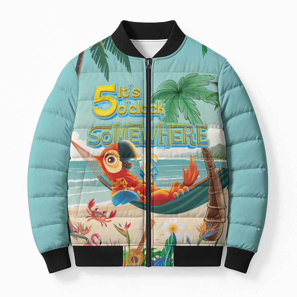 Aloha Hawaii It's 5 o'clock Somewhere Bomber Puffer Jacket Chill Parrot on Beach with Tropical Plants - Polynesian Pride