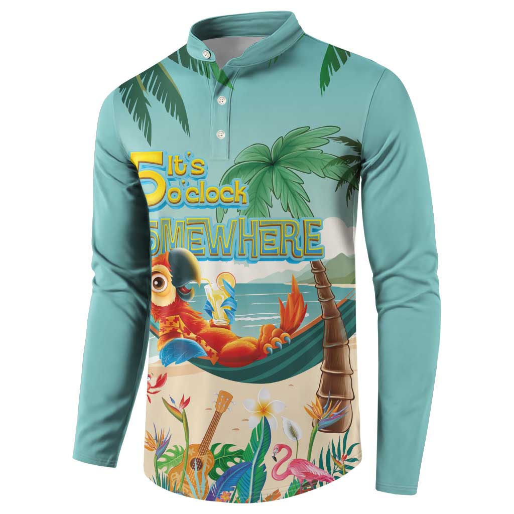 Aloha Hawaii It's 5 o'clock Somewhere Button Sweatshirt Chill Parrot on Beach with Tropical Plants - Polynesian Pride