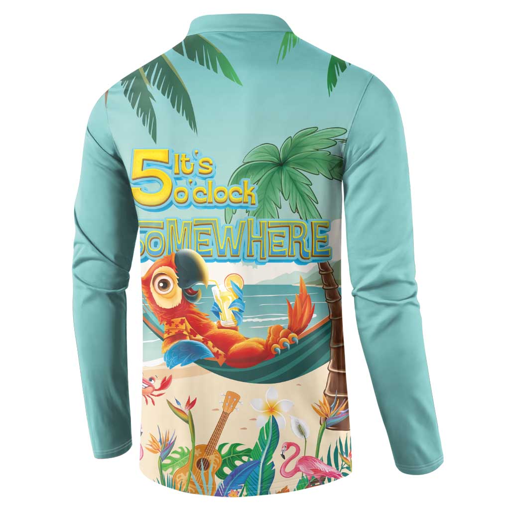 Aloha Hawaii It's 5 o'clock Somewhere Button Sweatshirt Chill Parrot on Beach with Tropical Plants - Polynesian Pride