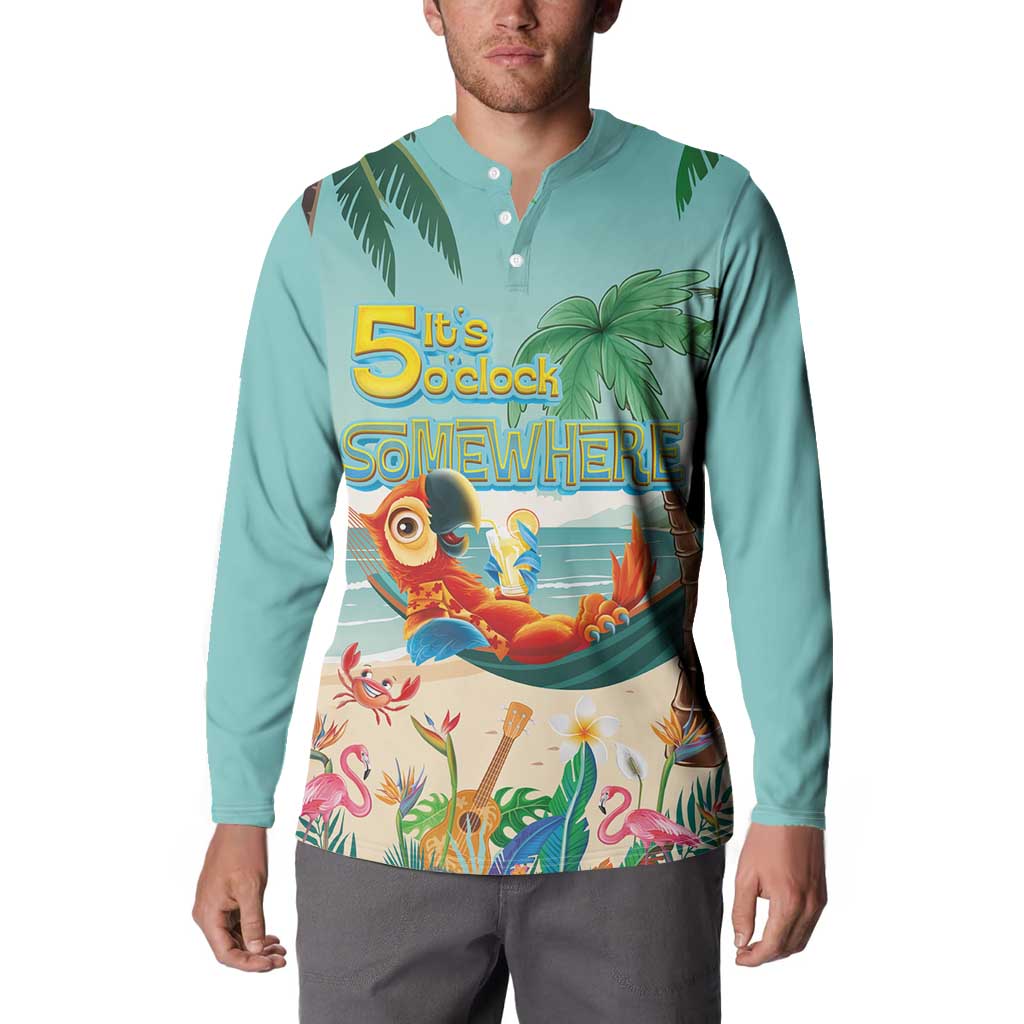 Aloha Hawaii It's 5 o'clock Somewhere Button Sweatshirt Chill Parrot on Beach with Tropical Plants - Polynesian Pride