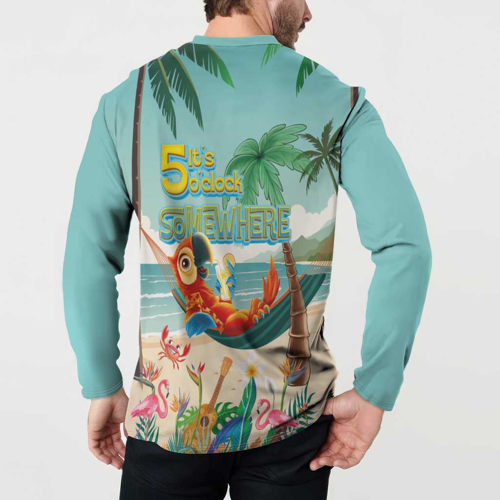 Aloha Hawaii It's 5 o'clock Somewhere Button Sweatshirt Chill Parrot on Beach with Tropical Plants - Polynesian Pride