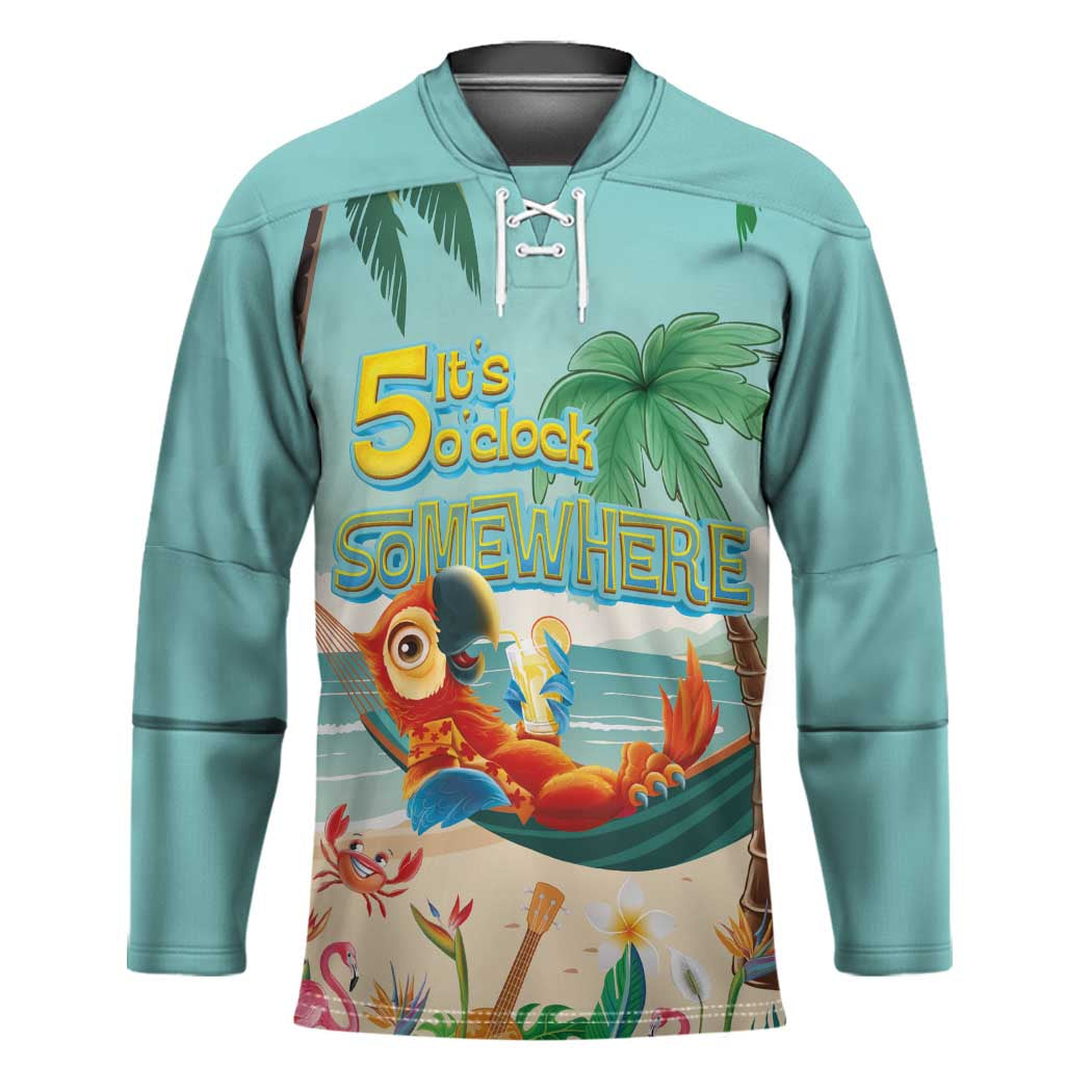 Aloha Hawaii It's 5 o'clock Somewhere Hockey Jersey Chill Parrot on Beach with Tropical Plants - Polynesian Pride
