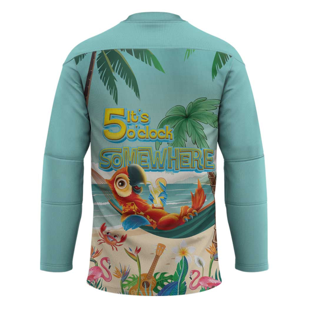 Aloha Hawaii It's 5 o'clock Somewhere Hockey Jersey Chill Parrot on Beach with Tropical Plants - Polynesian Pride