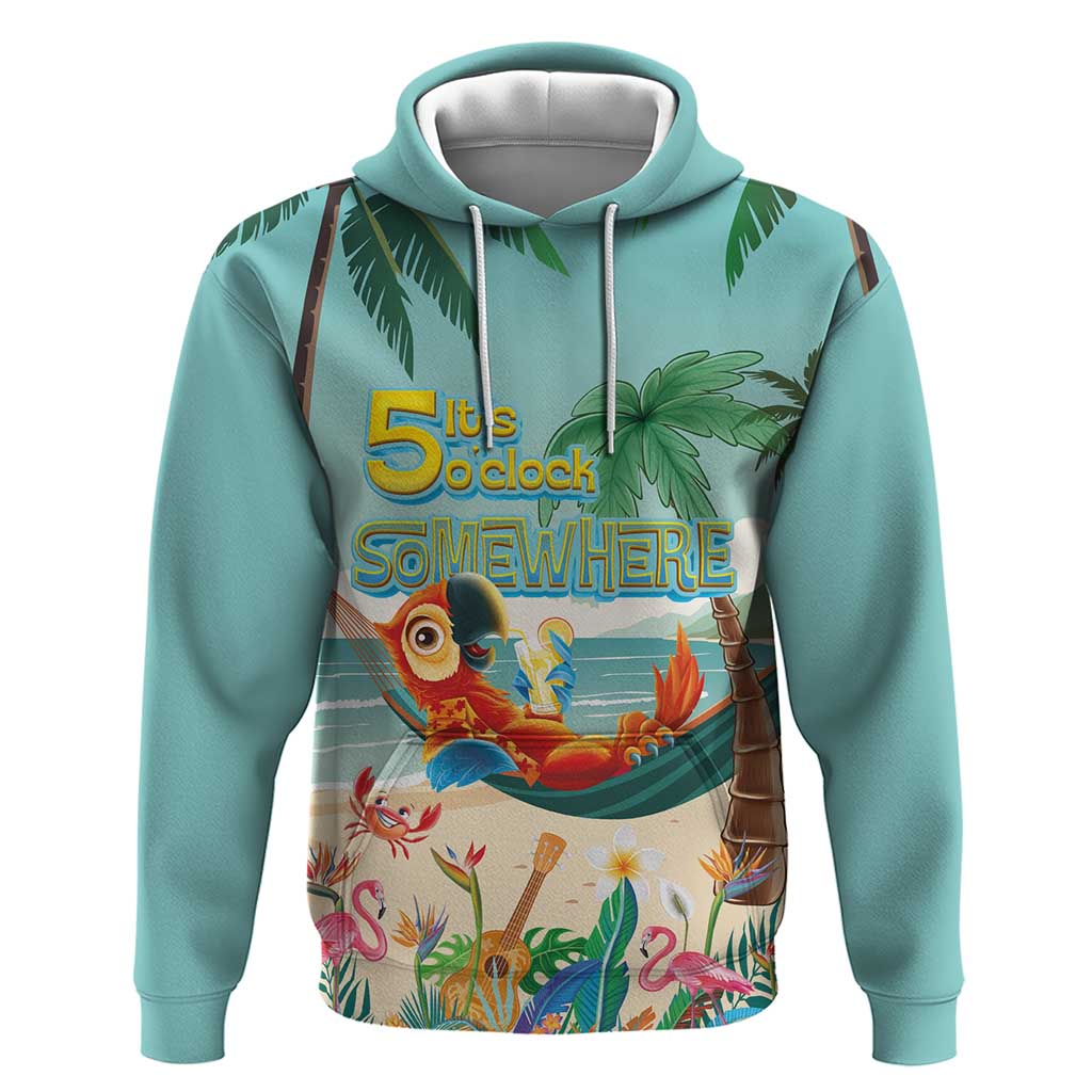 Aloha Hawaii It's 5 o'clock Somewhere Hoodie Chill Parrot on Beach with Tropical Plants - Polynesian Pride
