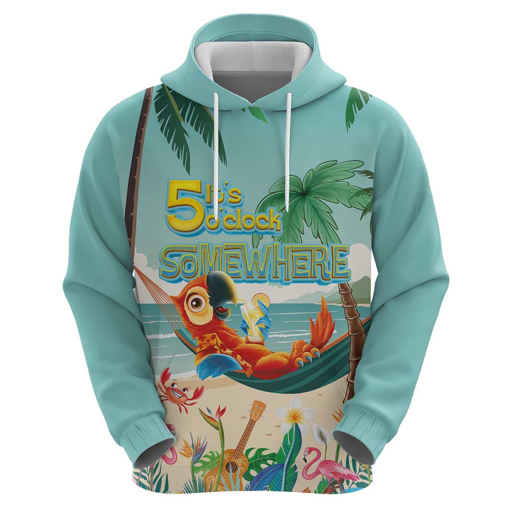 Aloha Hawaii It's 5 o'clock Somewhere Hoodie Chill Parrot on Beach with Tropical Plants - Polynesian Pride