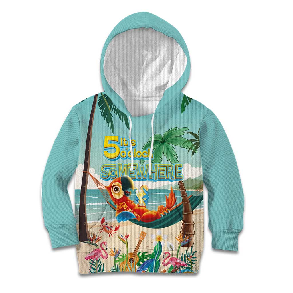 Aloha Hawaii It's 5 o'clock Somewhere Kid Hoodie Chill Parrot on Beach with Tropical Plants - Polynesian Pride