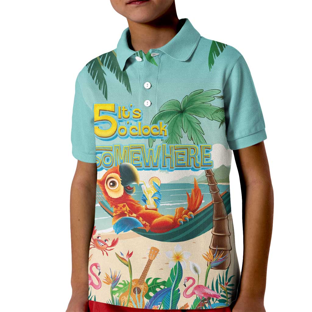 Aloha Hawaii It's 5 o'clock Somewhere Kid Polo Shirt Chill Parrot on Beach with Tropical Plants - Polynesian Pride