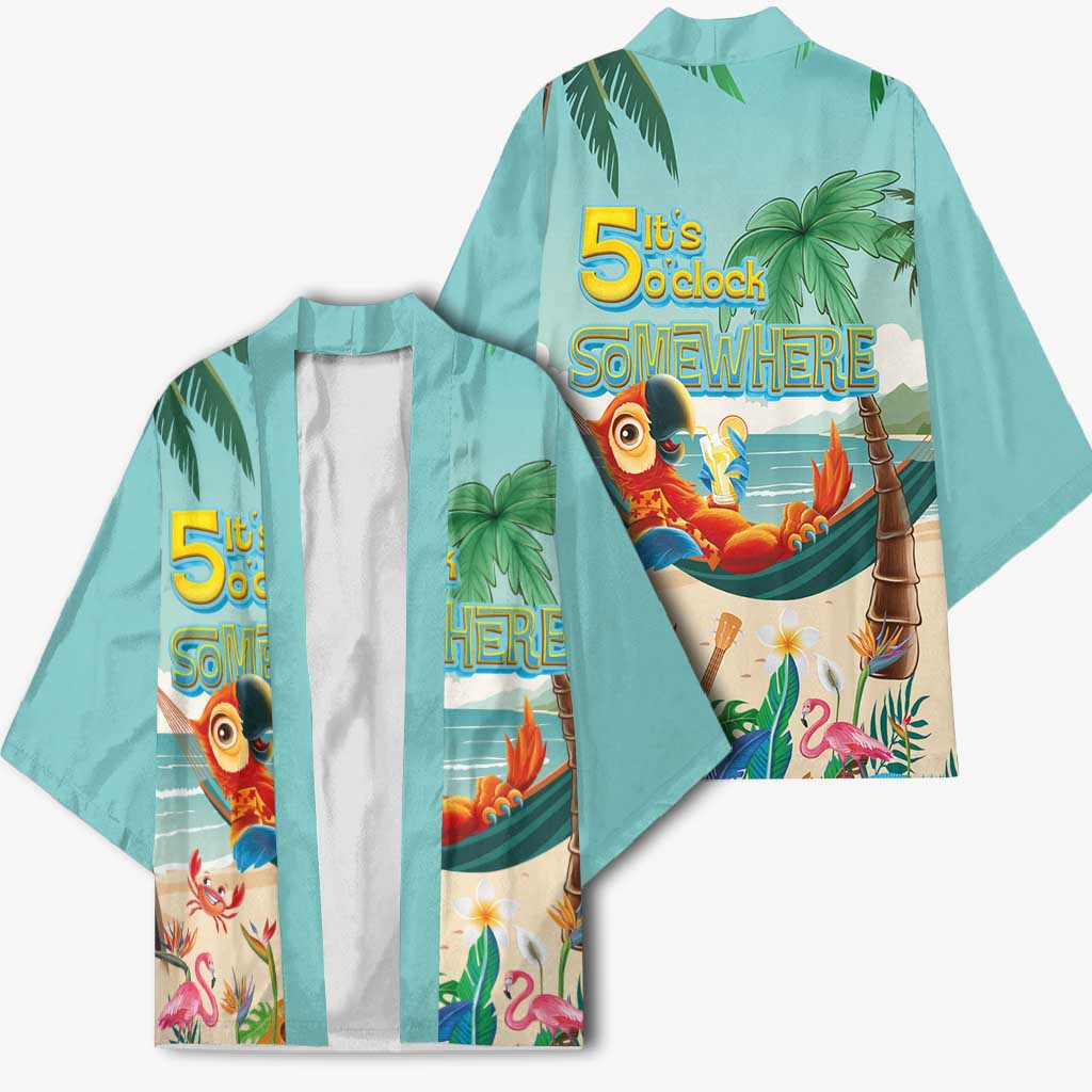 Aloha Hawaii It's 5 o'clock Somewhere Kimono Chill Parrot on Beach with Tropical Plants - Polynesian Pride