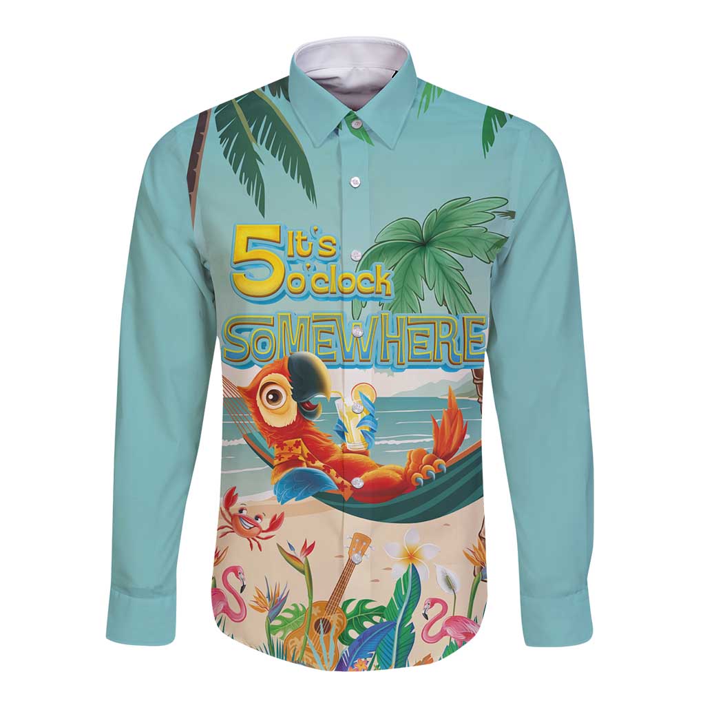 Aloha Hawaii It's 5 o'clock Somewhere Long Sleeve Button Shirt Chill Parrot on Beach with Tropical Plants - Polynesian Pride