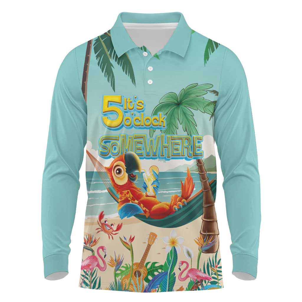 Aloha Hawaii It's 5 o'clock Somewhere Long Sleeve Polo Shirt Chill Parrot on Beach with Tropical Plants - Polynesian Pride