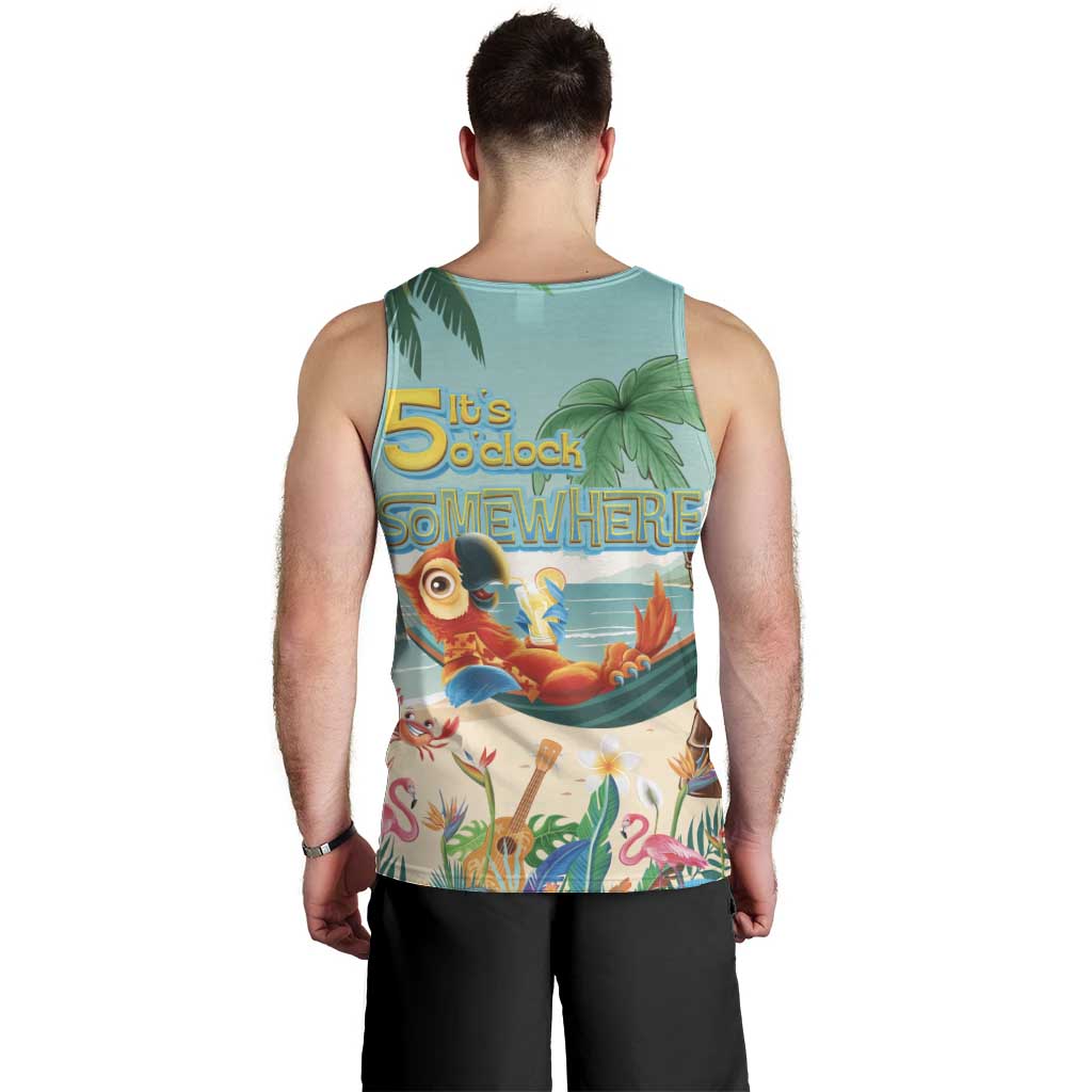 Aloha Hawaii It's 5 o'clock Somewhere Men Tank Top Chill Parrot on Beach with Tropical Plants - Polynesian Pride