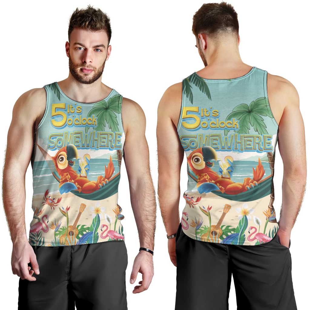 Aloha Hawaii It's 5 o'clock Somewhere Men Tank Top Chill Parrot on Beach with Tropical Plants - Polynesian Pride