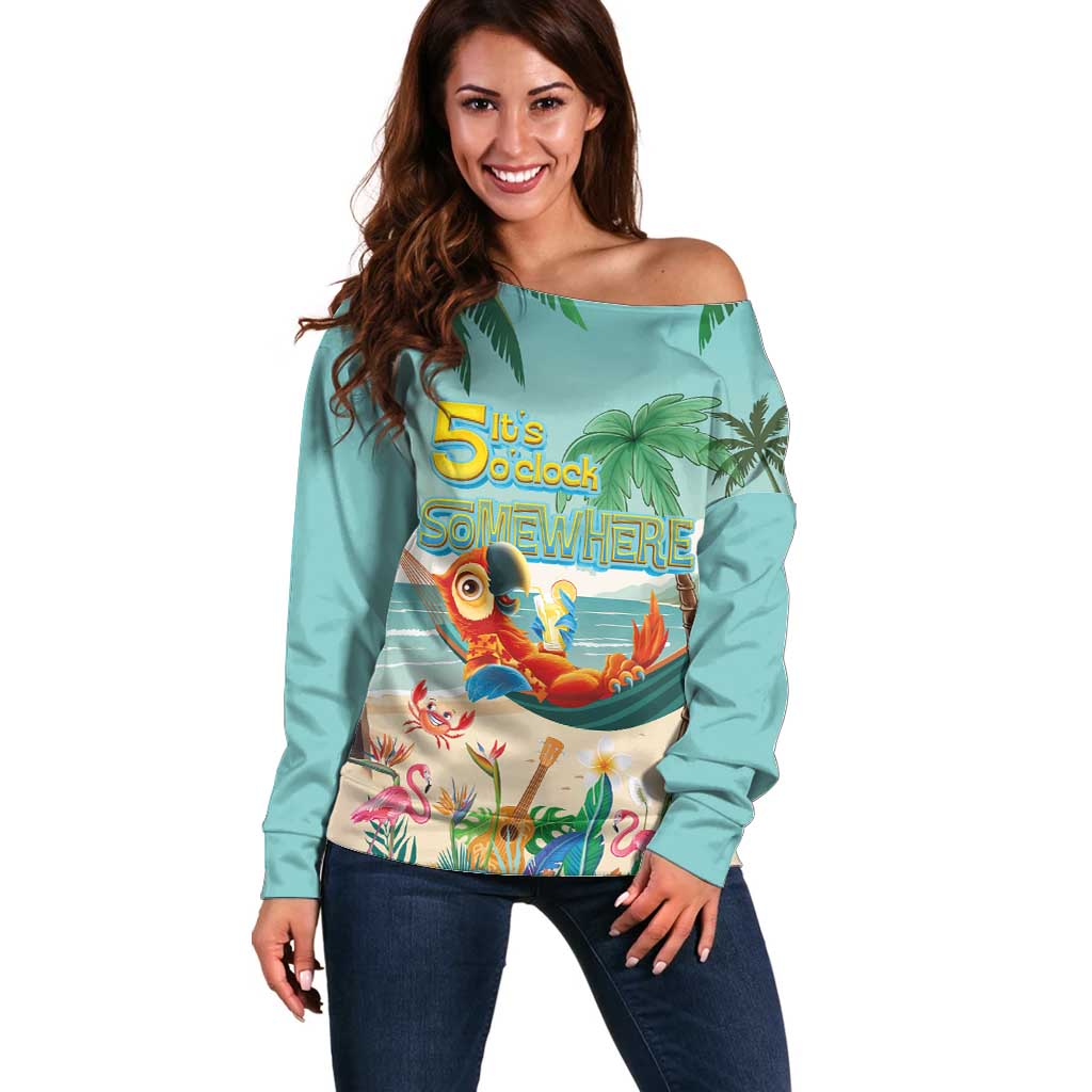 Aloha Hawaii It's 5 o'clock Somewhere Off Shoulder Sweater Chill Parrot on Beach with Tropical Plants - Polynesian Pride
