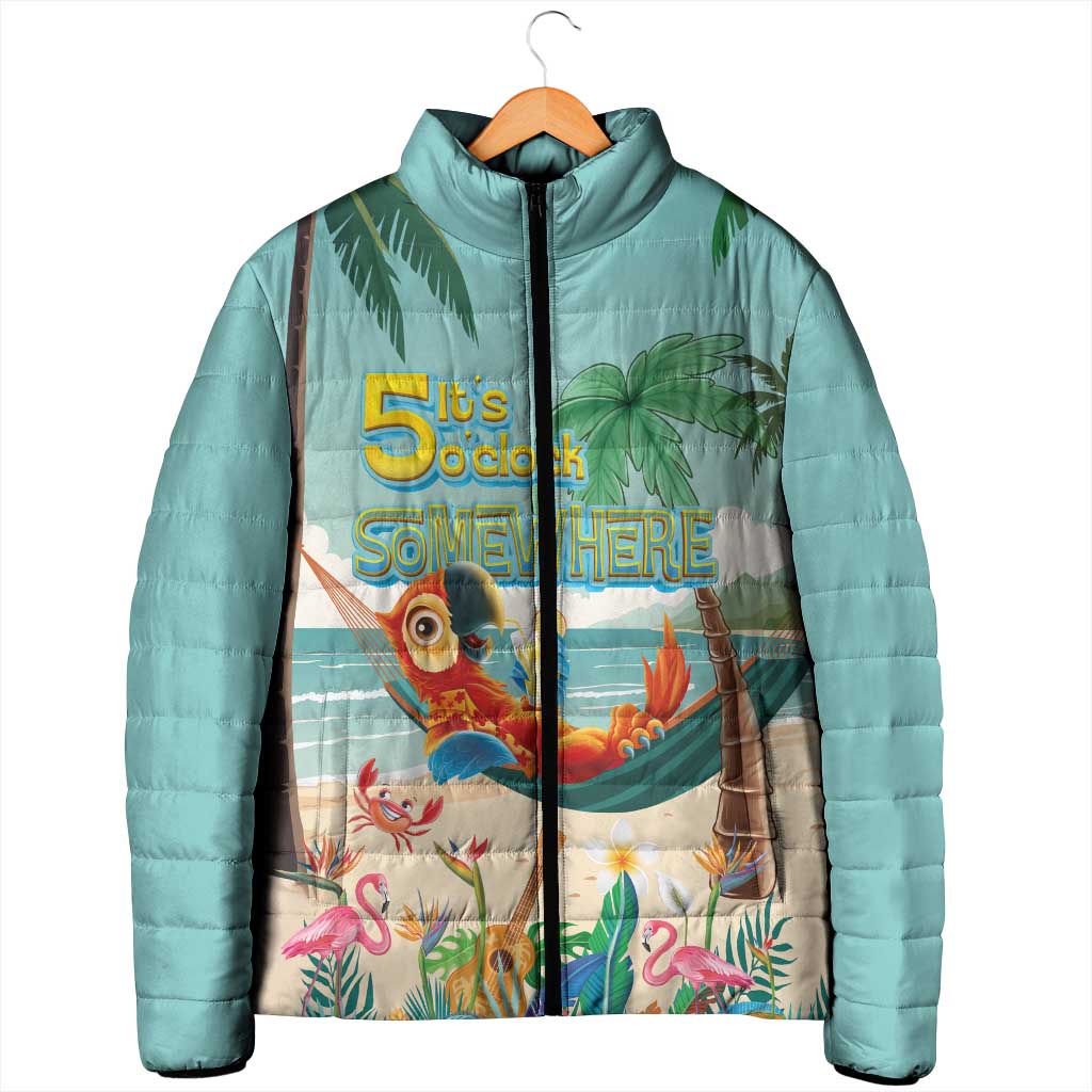 Aloha Hawaii It's 5 o'clock Somewhere Padded Jacket Chill Parrot on Beach with Tropical Plants - Polynesian Pride