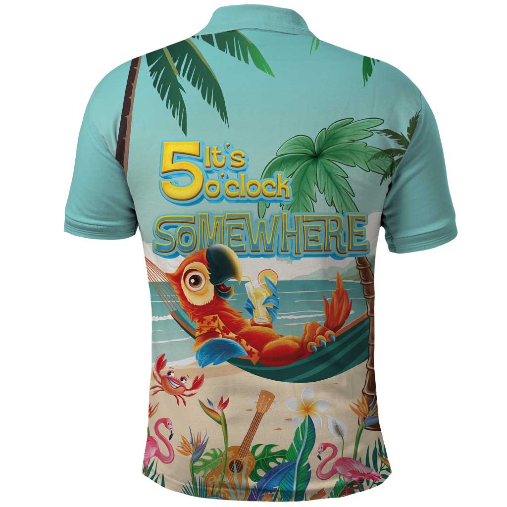Aloha Hawaii It's 5 o'clock Somewhere Polo Shirt Chill Parrot on Beach with Tropical Plants - Polynesian Pride
