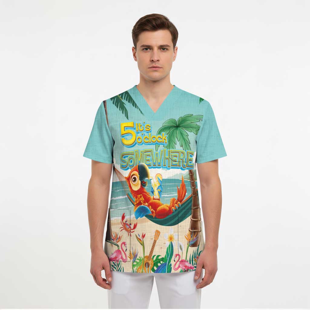 Aloha Hawaii It's 5 o'clock Somewhere Scrub Top Chill Parrot on Beach with Tropical Plants - Polynesian Pride