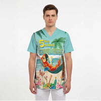 Aloha Hawaii It's 5 o'clock Somewhere Scrub Top Chill Parrot on Beach with Tropical Plants - Polynesian Pride