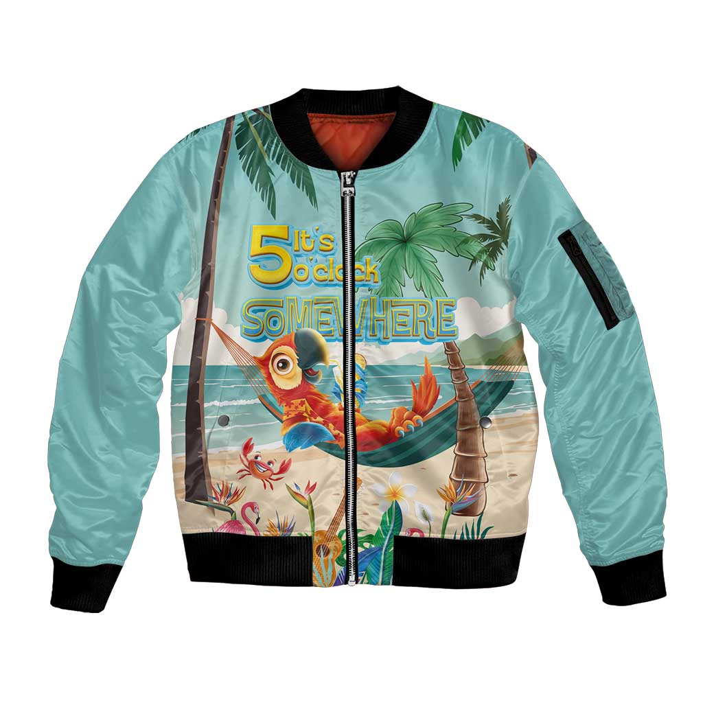 Aloha Hawaii It's 5 o'clock Somewhere Sleeve Zip Bomber Jacket Chill Parrot on Beach with Tropical Plants - Polynesian Pride