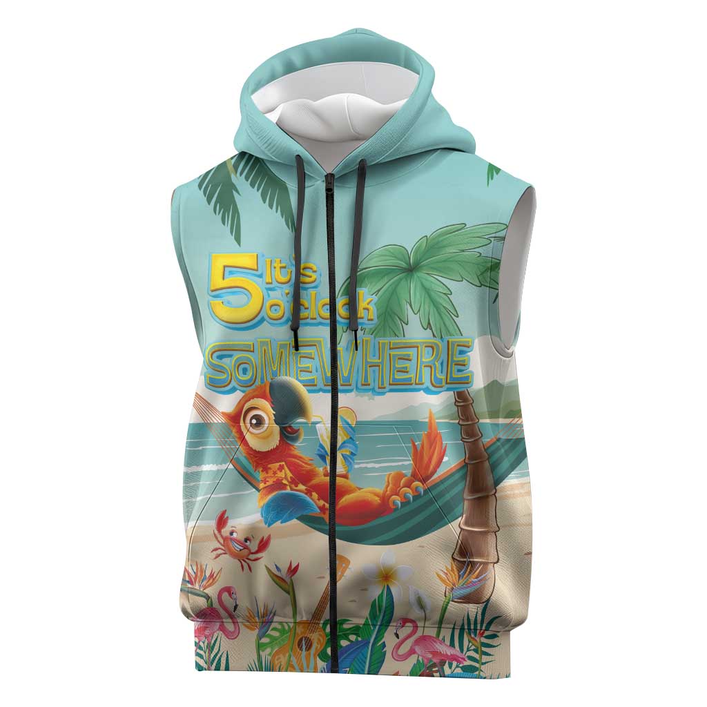Aloha Hawaii It's 5 o'clock Somewhere Sleeveless Zip Hoodie Chill Parrot on Beach with Tropical Plants - Polynesian Pride