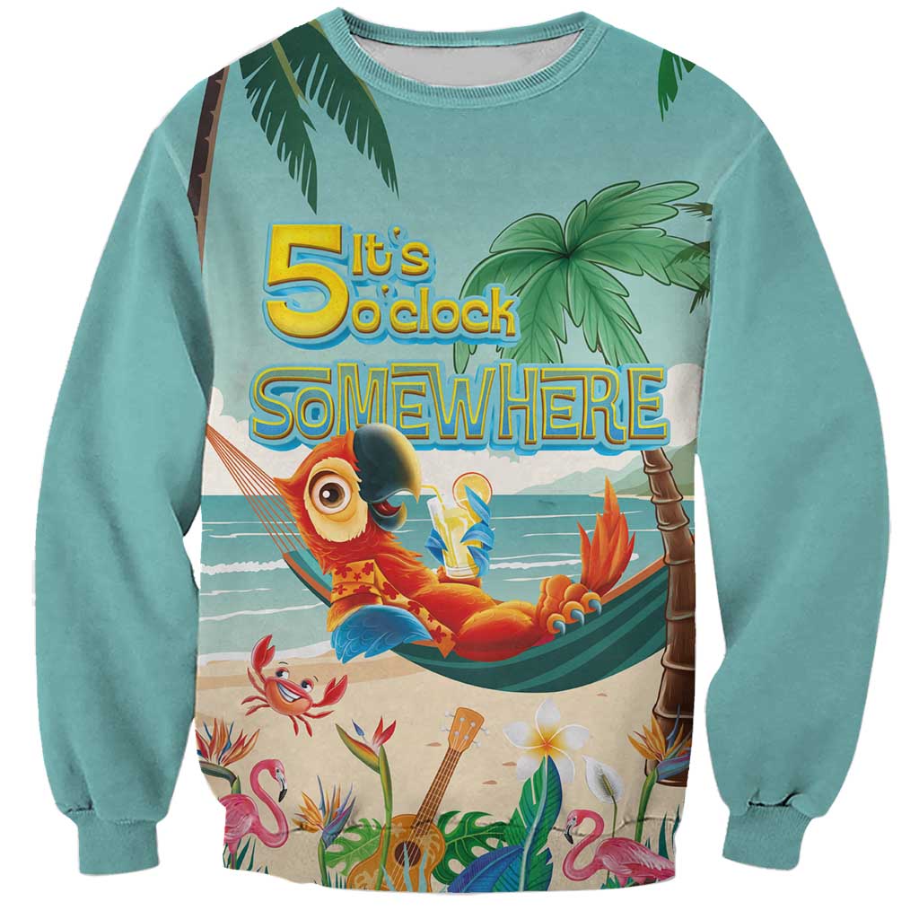 Aloha Hawaii It's 5 o'clock Somewhere Sweatshirt Chill Parrot on Beach with Tropical Plants - Polynesian Pride