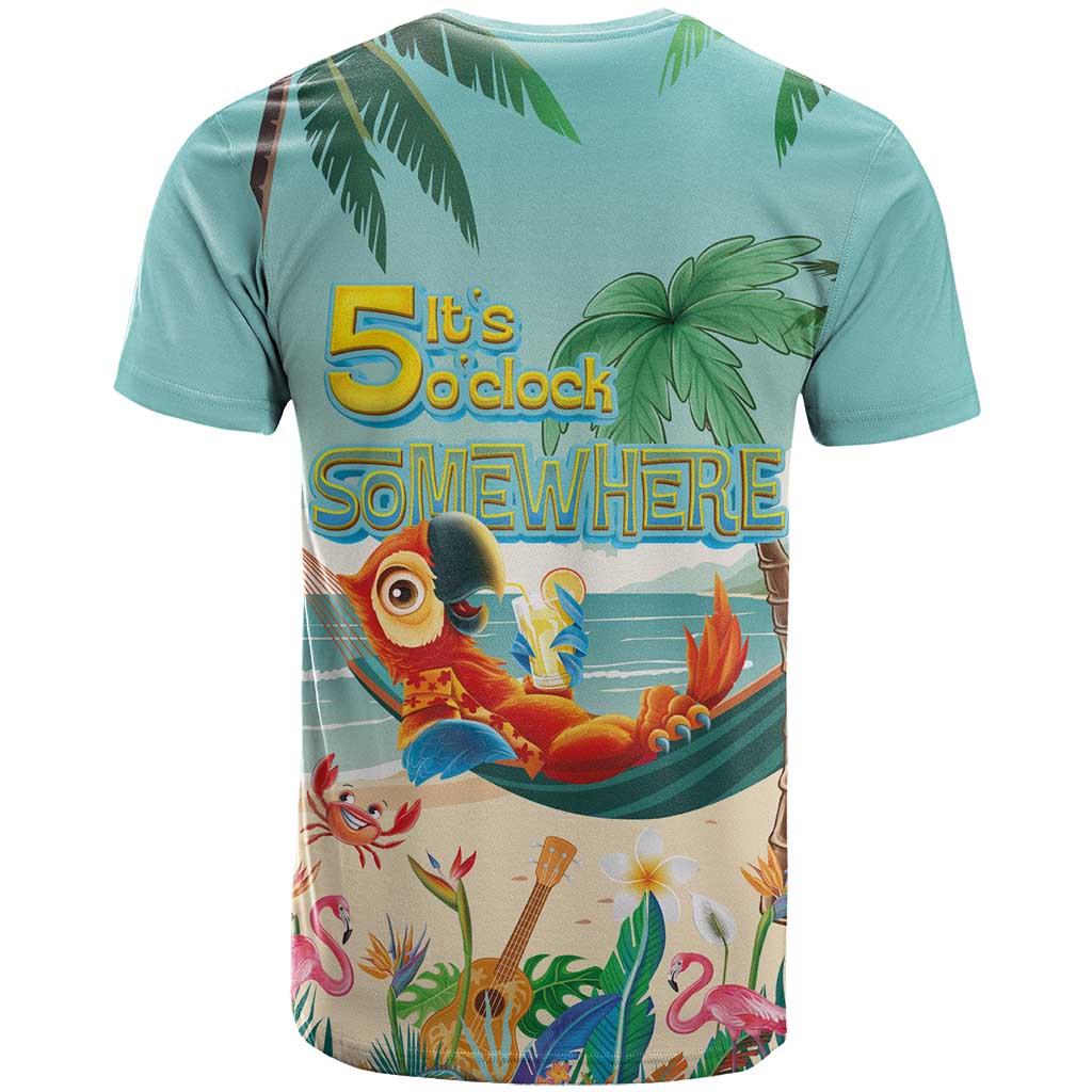 Aloha Hawaii It's 5 o'clock Somewhere T Shirt Chill Parrot on Beach with Tropical Plants - Polynesian Pride