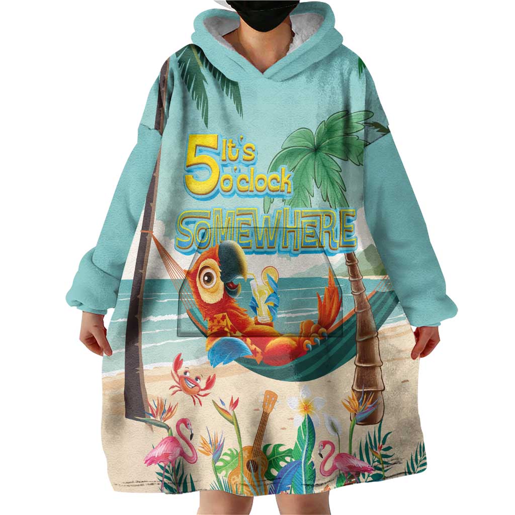 Aloha Hawaii It's 5 o'clock Somewhere Wearable Blanket Hoodie Chill Parrot on Beach with Tropical Plants - Polynesian Pride
