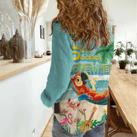 Aloha Hawaii It's 5 o'clock Somewhere Women Casual Shirt Chill Parrot on Beach with Tropical Plants - Polynesian Pride