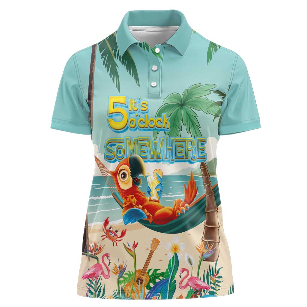 Aloha Hawaii It's 5 o'clock Somewhere Women Polo Shirt Chill Parrot on Beach with Tropical Plants - Polynesian Pride