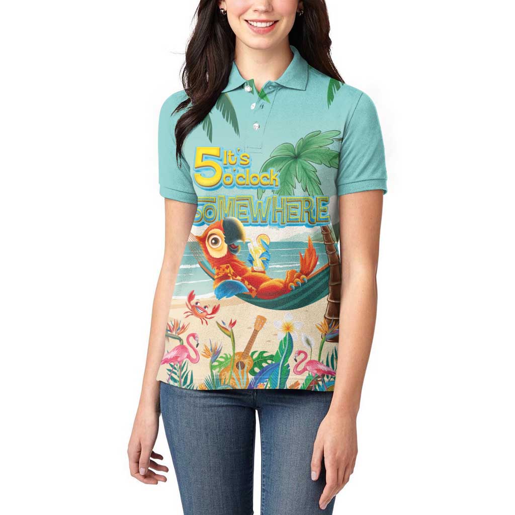 Aloha Hawaii It's 5 o'clock Somewhere Women Polo Shirt Chill Parrot on Beach with Tropical Plants - Polynesian Pride