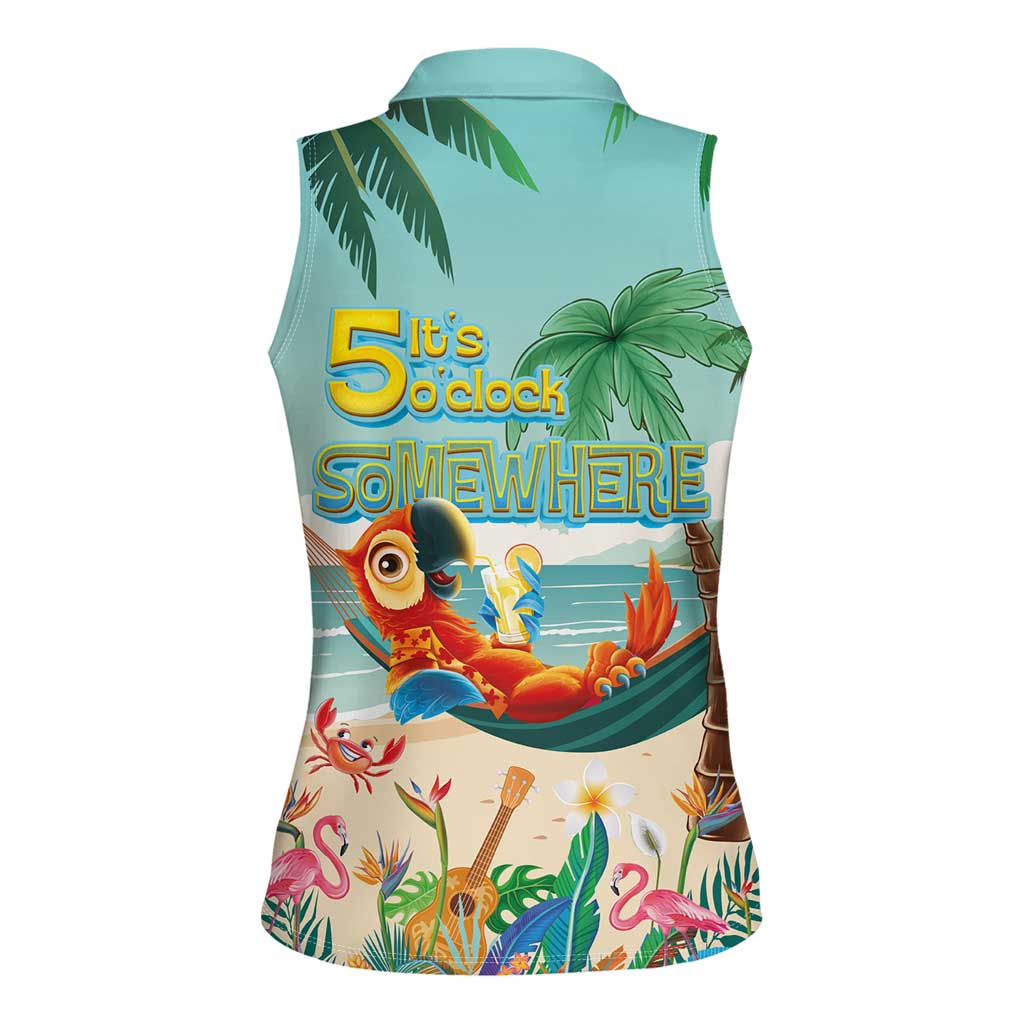 Aloha Hawaii It's 5 o'clock Somewhere Women Sleeveless Polo Shirt Chill Parrot on Beach with Tropical Plants - Polynesian Pride
