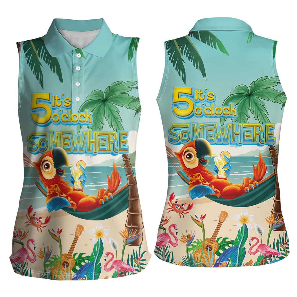 Aloha Hawaii It's 5 o'clock Somewhere Women Sleeveless Polo Shirt Chill Parrot on Beach with Tropical Plants - Polynesian Pride