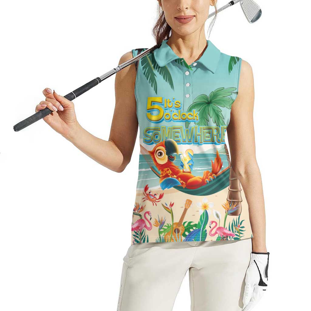 Aloha Hawaii It's 5 o'clock Somewhere Women Sleeveless Polo Shirt Chill Parrot on Beach with Tropical Plants - Polynesian Pride