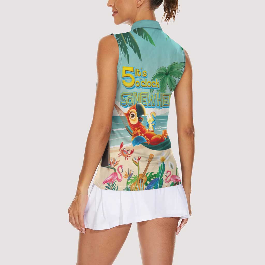 Aloha Hawaii It's 5 o'clock Somewhere Women Sleeveless Polo Shirt Chill Parrot on Beach with Tropical Plants - Polynesian Pride