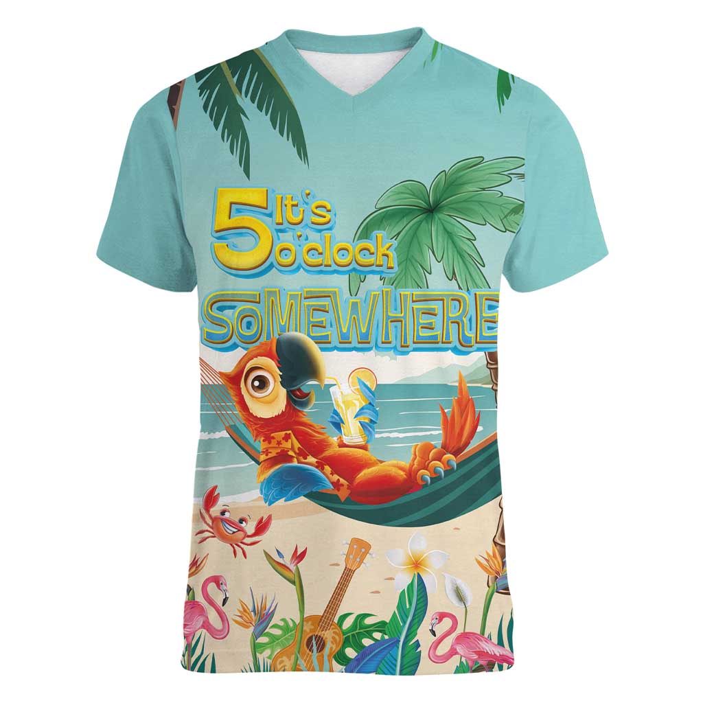 Aloha Hawaii It's 5 o'clock Somewhere Women V-Neck T-Shirt Chill Parrot on Beach with Tropical Plants - Polynesian Pride