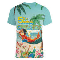 Aloha Hawaii It's 5 o'clock Somewhere Women V-Neck T-Shirt Chill Parrot on Beach with Tropical Plants - Polynesian Pride