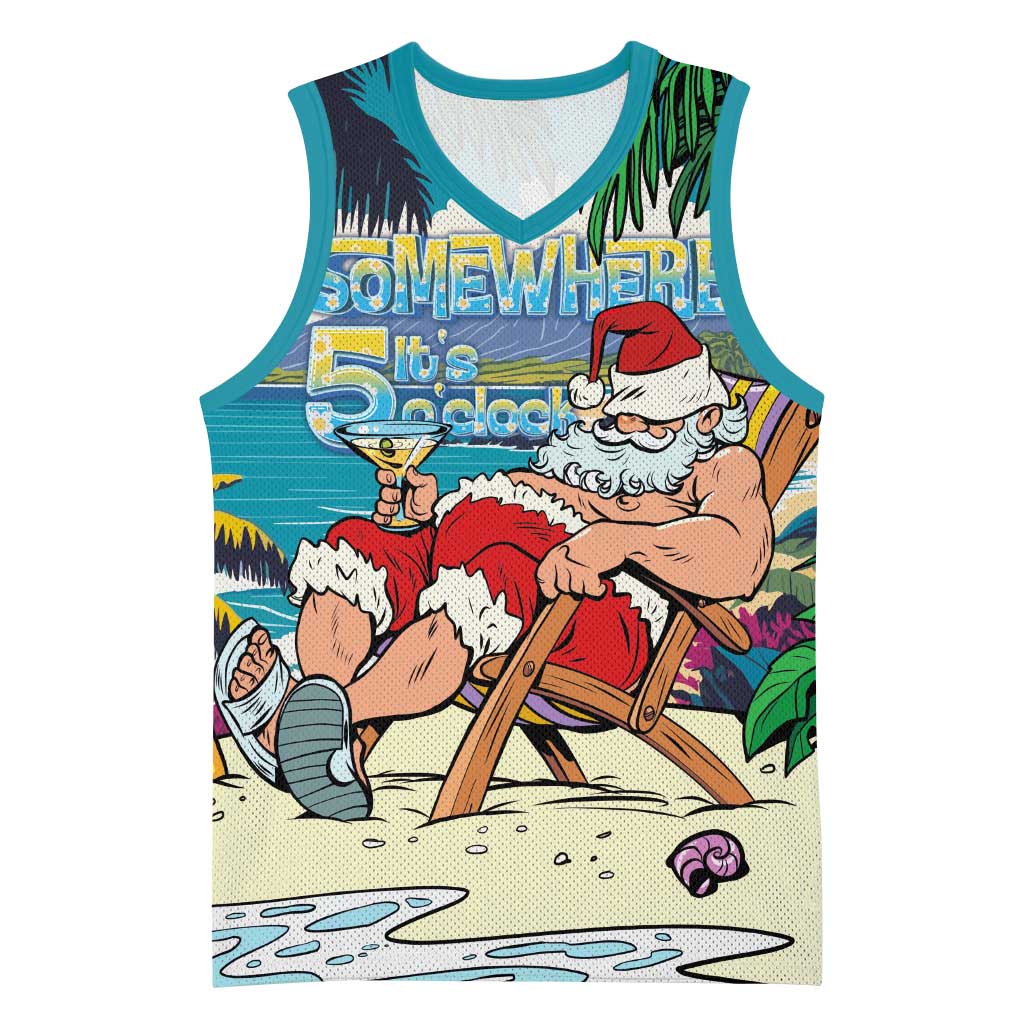 Mele Kalikimaka Hawaii It's 5 o'clock Somewhere Basketball Jersey Funny Lazy Santa Claus Chilling with Cocktail - Polynesian Pride