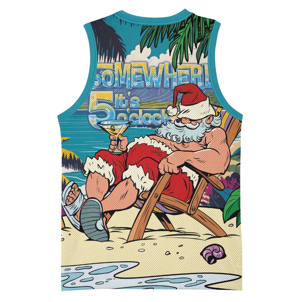 Mele Kalikimaka Hawaii It's 5 o'clock Somewhere Basketball Jersey Funny Lazy Santa Claus Chilling with Cocktail - Polynesian Pride